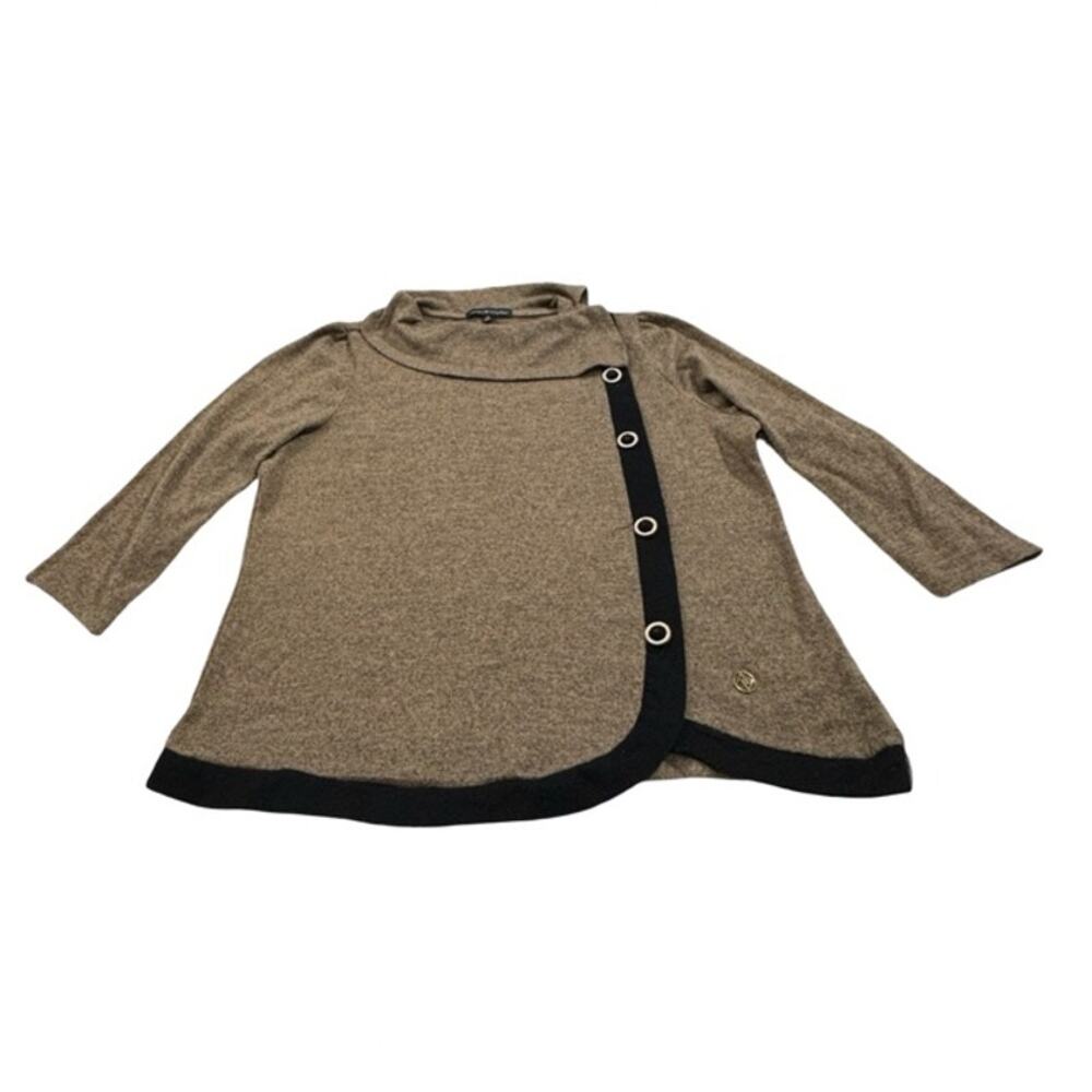 Adrienne Vittadini Womens XL Brown Black Trim Asymmetric Knit Cardigan